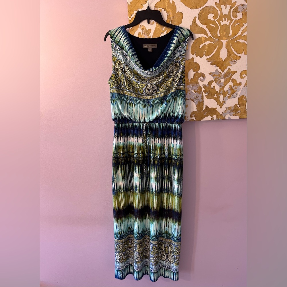Donna Ricco New York Size 14 Blue and Green Tie Dye Paisley Maxi Cowl Neck Dress